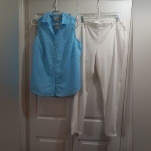 St. John's Bay Top: M & Time Tru Cream Skinny Stretch Pants: 16-18  2pc Set